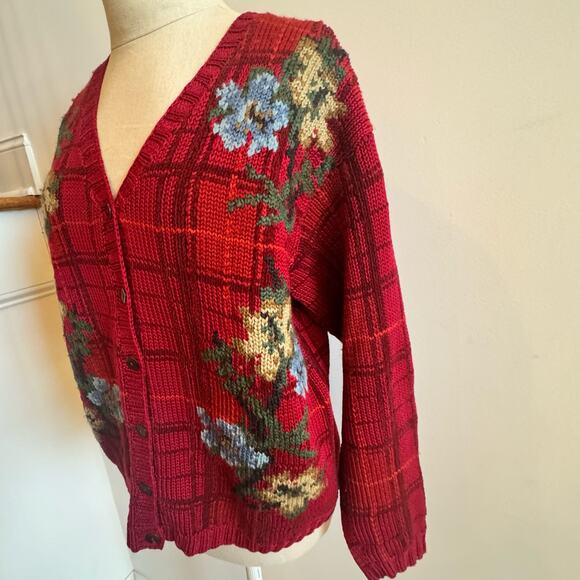 VTG Talbots Petites Womens PS Hand Knit Button Fall Cardigan Sweater Floral 90's - Picture 3 of 16
